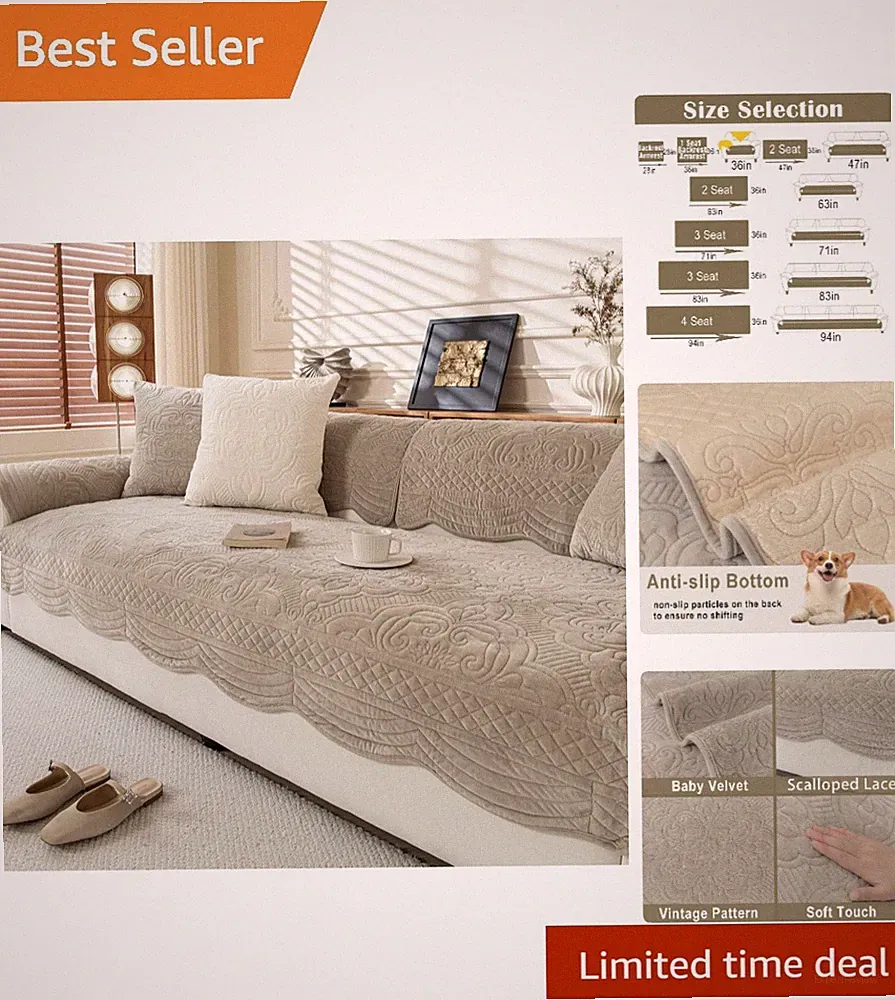 Vintage Taupe Velvet Washable Couch Cover - Soft & Non-Slip Protection for Sofas
