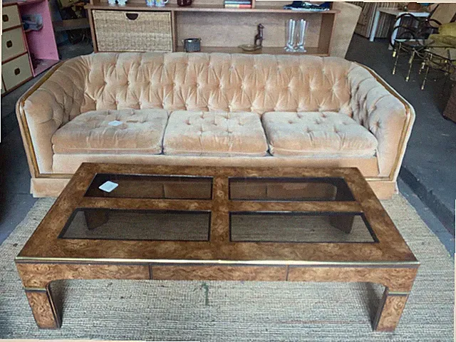 Vintage Tufted Sofa w/ Wood and Chrome Trim