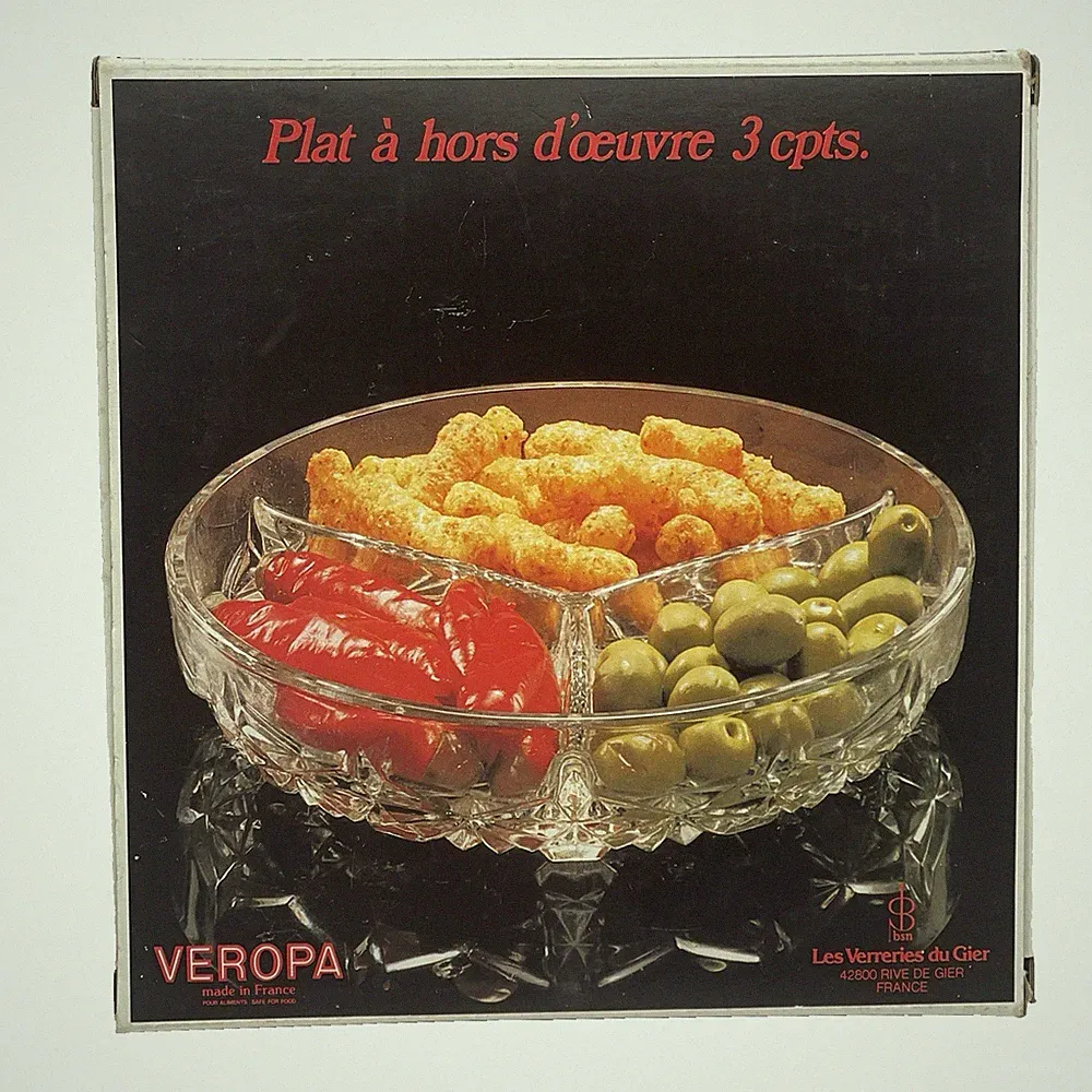 Vintage Veropa French Crystal 3 Section Relish Dish Daisy Button Divided NIB