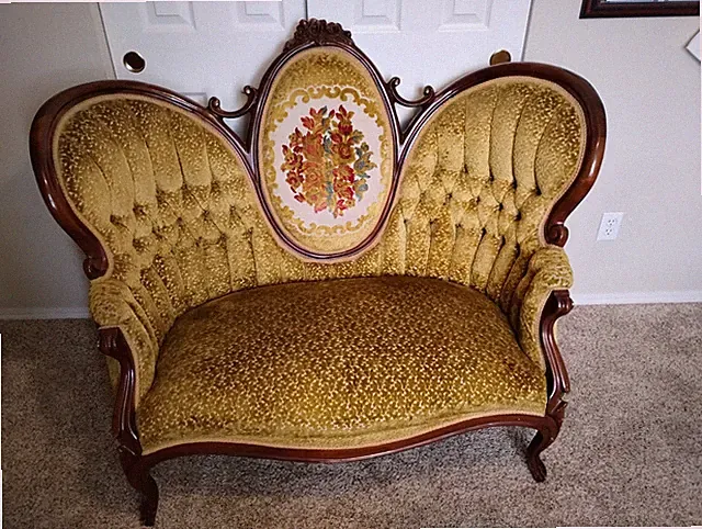 Vintage Victorian Renaissance Revival carved walnut/rosewood three-seat sofa