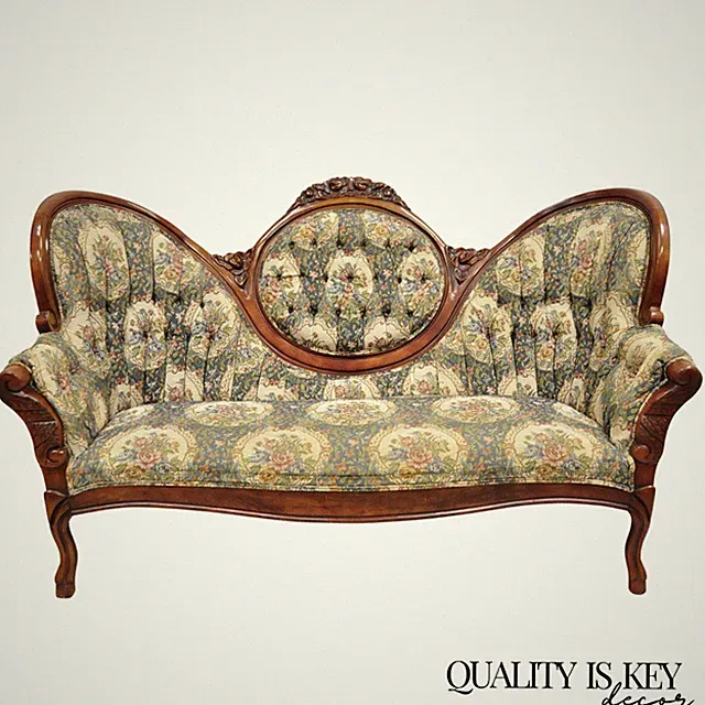 Vintage Victorian Style Cherry Wood Floral Tapestry High Cameo Back Sofa