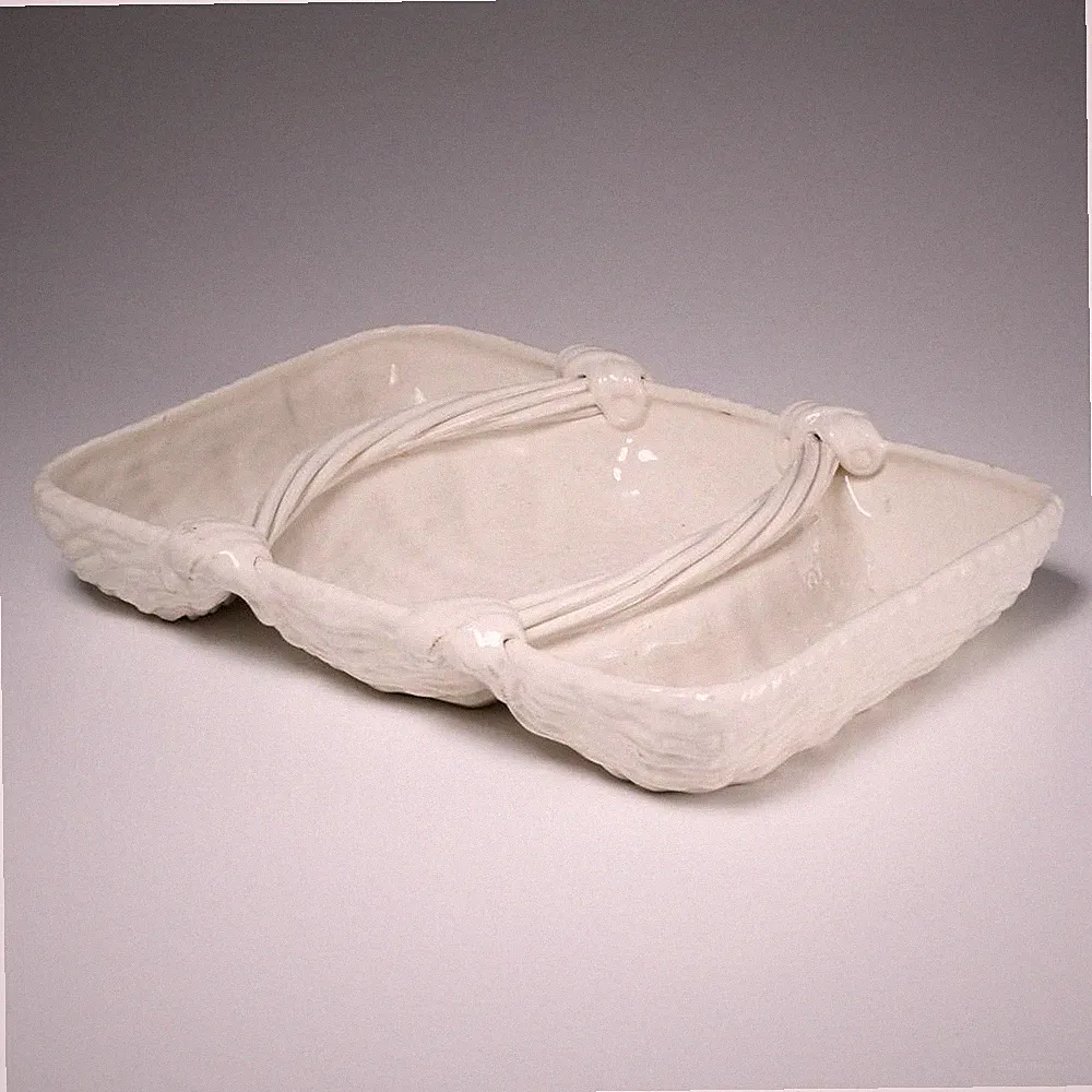 Vintage White Ceramic Divided Serving Tray w/ Woven Basket Look Rectangular