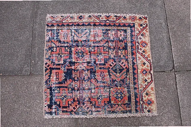 Vintage Worn Fragment Hand Made Traditional Oriental Wool Blue Red Rug 64x67cm