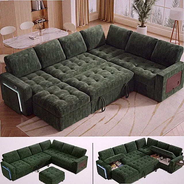 Vipbear 7 Seat L Shaped Chenille Modular Sectional Sleeper Sofa Bed with Ottoman