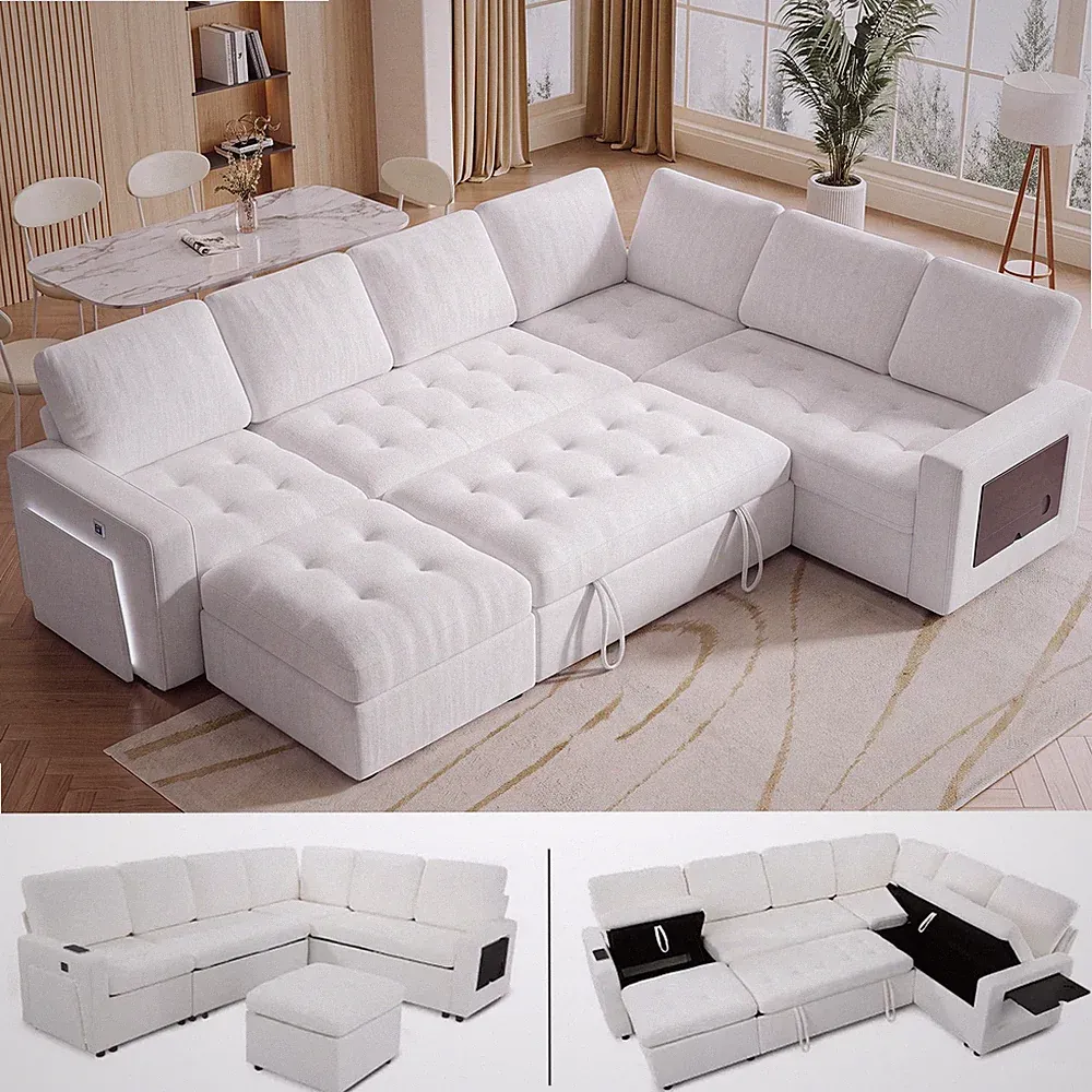 Vipbear 7 Seat L Shaped Chenille Modular Sectional Sleeper Sofa Bed with Ottoman