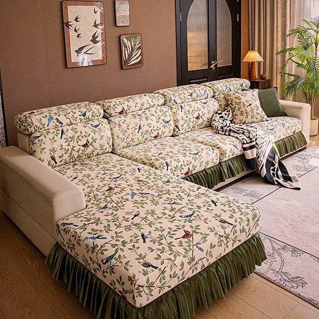 VOGOL Bohemian Leaf Sectional Sofa Cover with Ruffled Skirt, Stretch Non Slip...