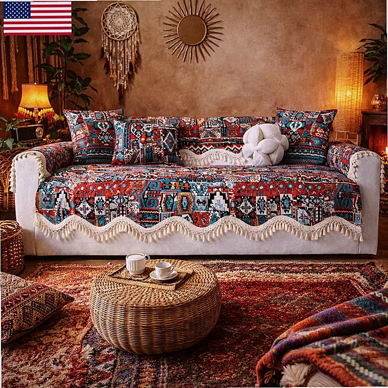 Vogol Boho Sectional Sofa Cover Non Slip Geometric Scalloped Edge Couch