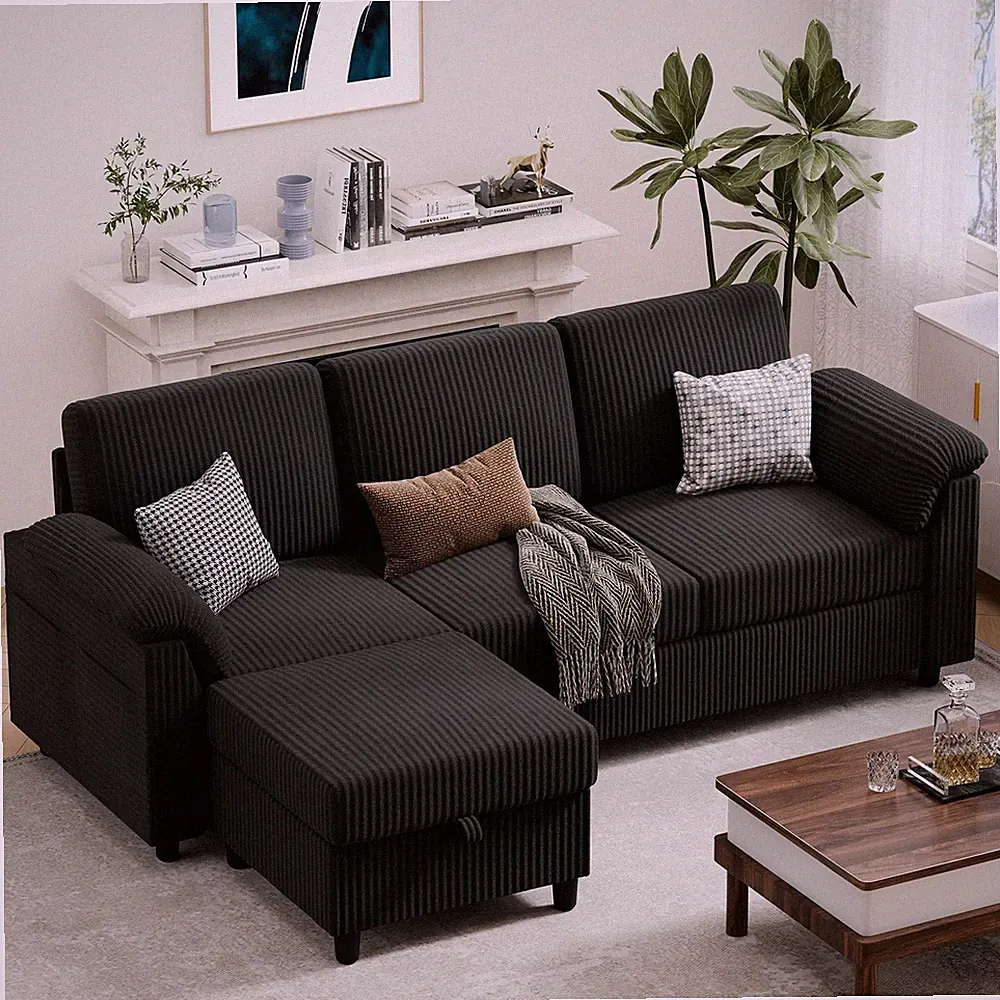 Vongrasig 79" Convertible Sectional Couch Sofa with Storage Ottoman, 3 Black