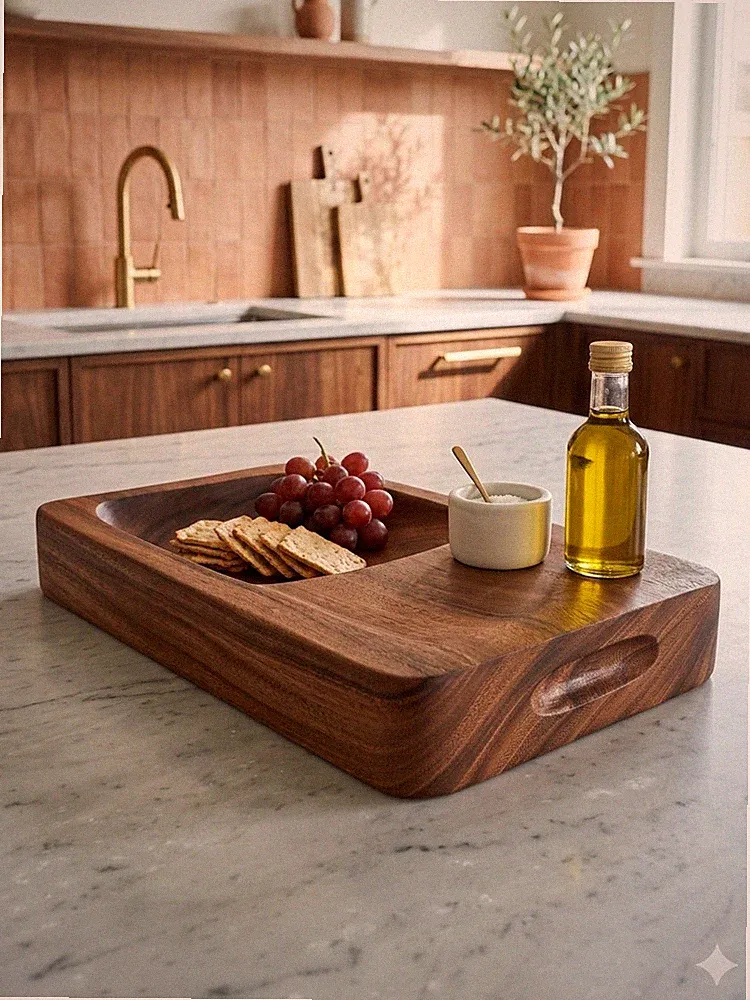 VTG Acacia Wood Serving Tray Rectangular Brown Large 2 Section Handles Modern