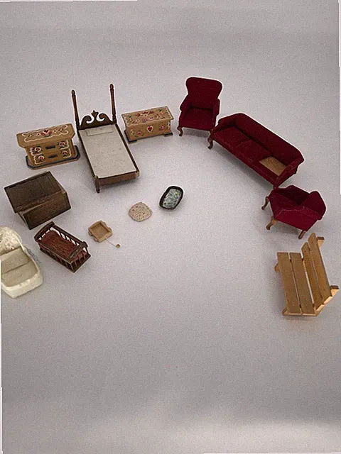 Vtg Dollhouse Furniture Lot Tiny Book Wood Bed Folk Chests Velvet Sofa Old Read