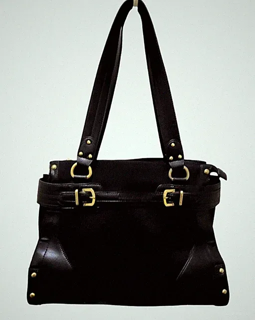 VTG ETIENNE AIGNER Black Nylon 3 SECTIONAL LEATHER GOLD Accent Tote Handbag M