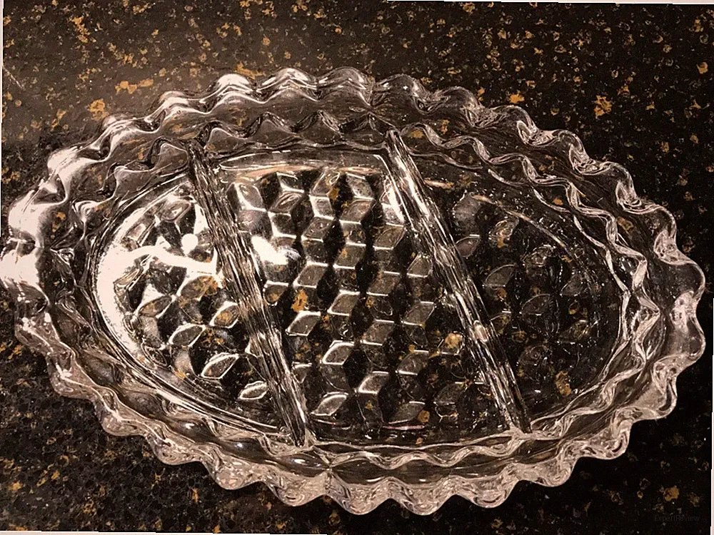 Vtg Fostoria USA Made, American Clear Cubist 3 Section Glass Relish Tray, EC!