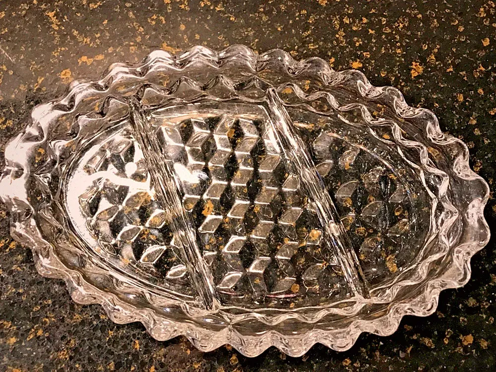 Vtg Fostoria USA Made, American Clear Cubist 3 Section Glass Relish Tray, EC!