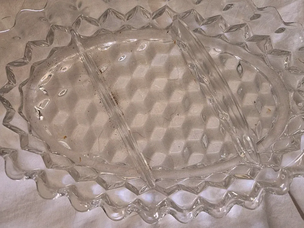 Vtg Fostoria USA Made, American Clear Cubist 3 Section Glass Relish Tray