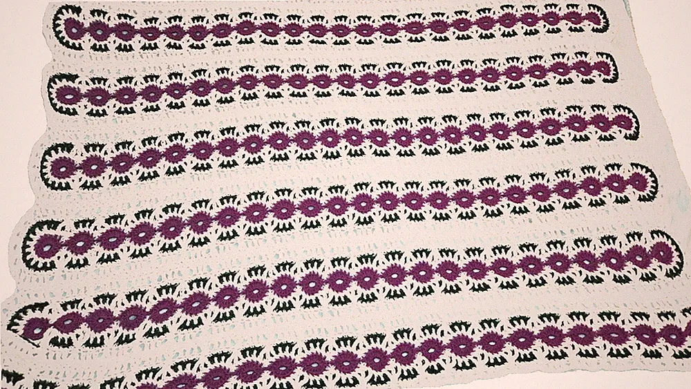 VTG Handmade Crochet Afghan 58x70 Purple Green Floral s Sofa /Bed Throw Blanket