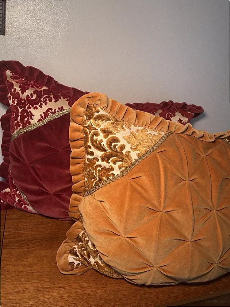 Vtg Hollywood Regency Pr Red Gold Velvet & Damask Smocked Pillows Down Filled