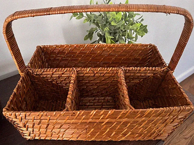 Vtg Wicker Basket Compartment Caddy Picnic Table Utensil Double Handle 4 Section