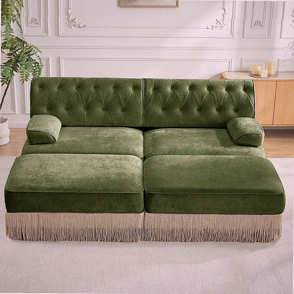 w/2 Ottoman,Breathable Comfort Velvet Fabric,Tassel Skirt Chesterfield Style Sof