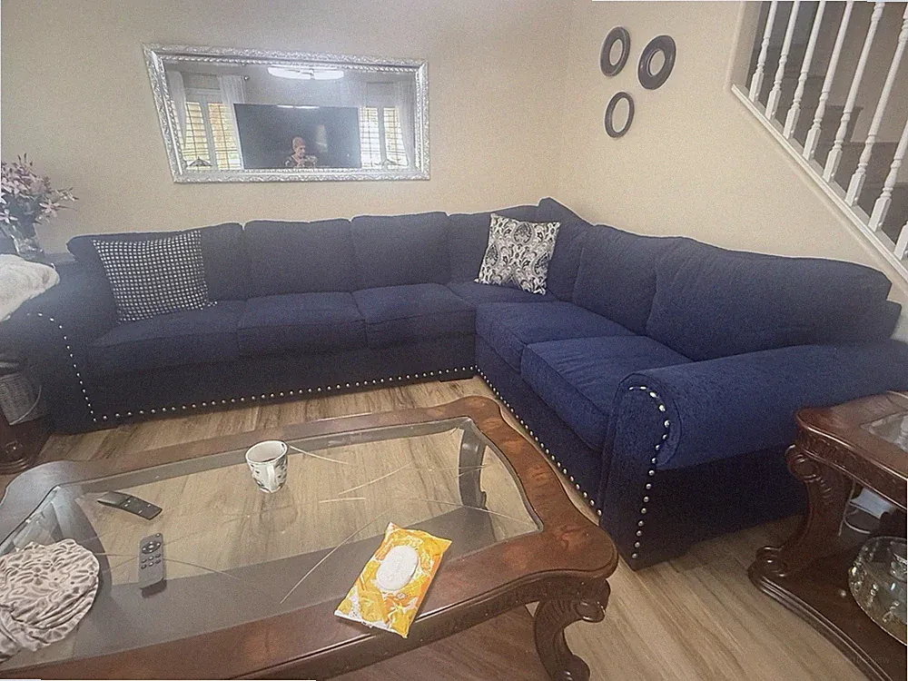 Walker Blue L-Shaped Sectional Sofa, Chenille Upholstery, Nailhead Trim, 6 Seat