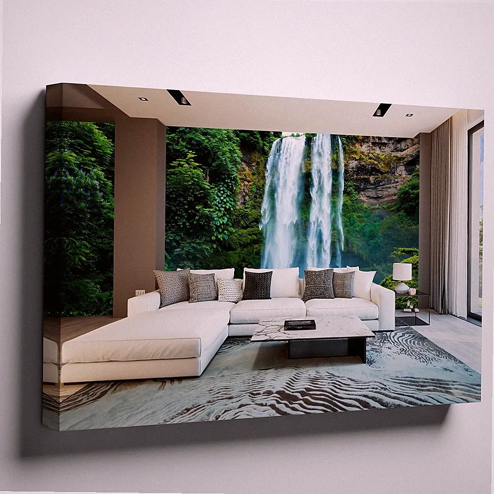 Wall Art Modern Living Room Featuring A Sleek, L-shaped White Sectional Sofa