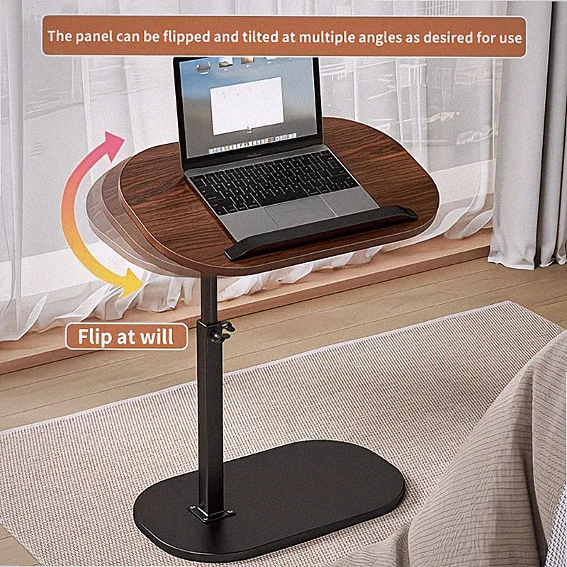 Walnut C-Shaped Sofa Side Table Adjustable Laptop Desk & Snack Tray for Bed/Couc