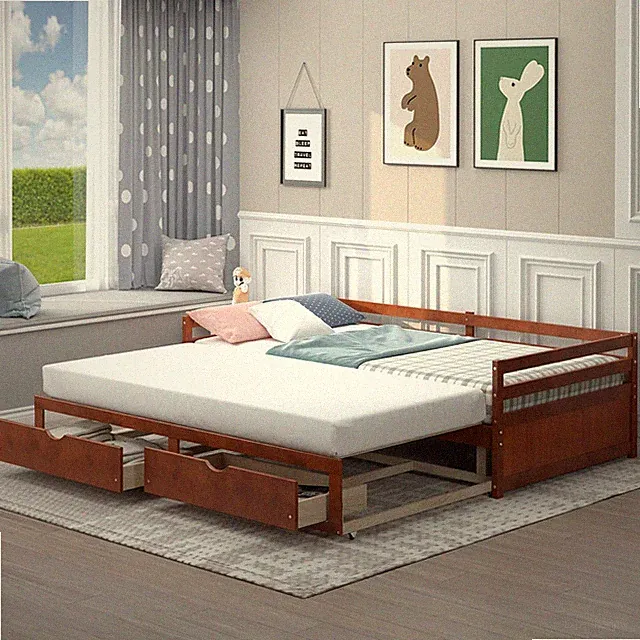 Walnut Daybed with Trundle & Storage Drawers, Twin to King Expandable