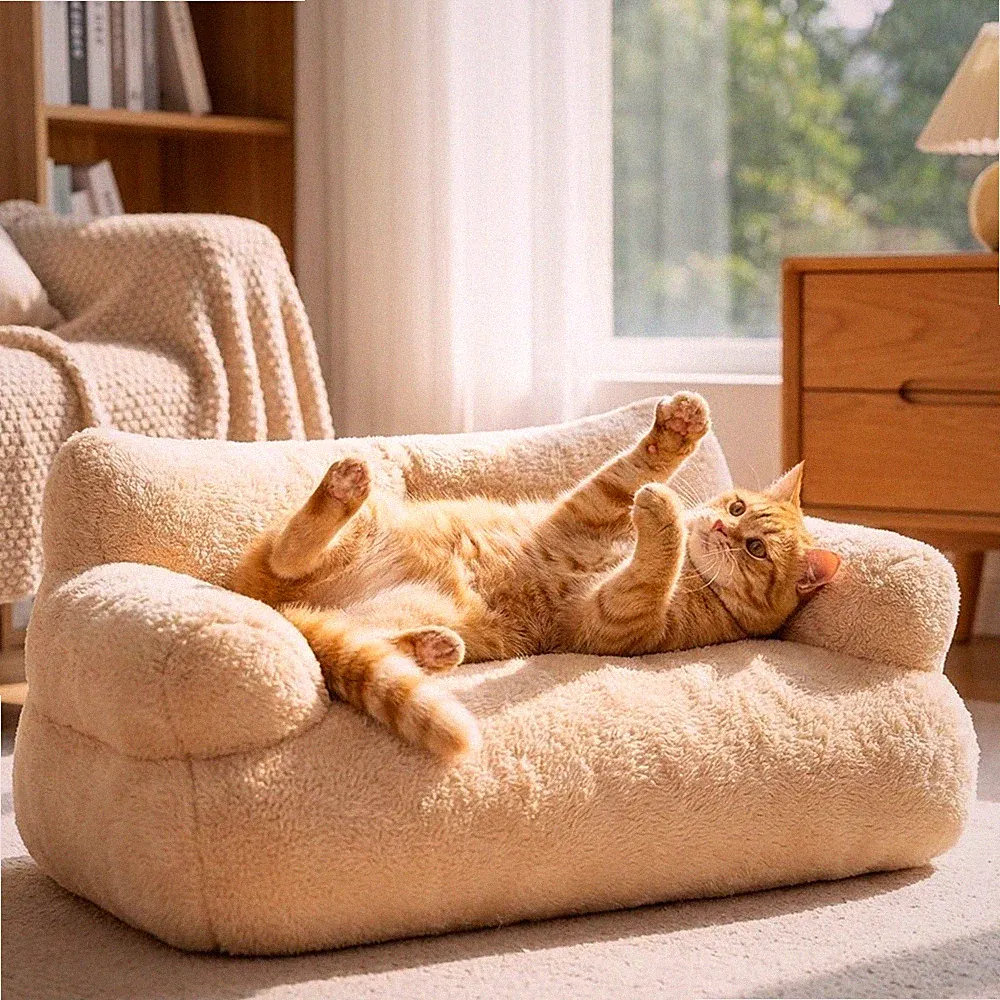 Warm Fluffy Pet Couch Bed Washable Non-Slip Sofa for Small Medium Pets
