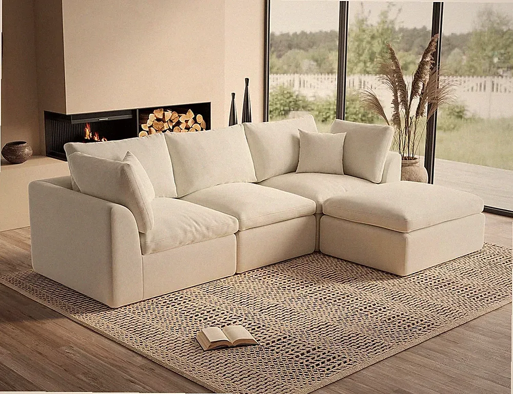 Warm White 110" L-Shape Sectional Sofa with Ottoman - 3 Seater Comfort
