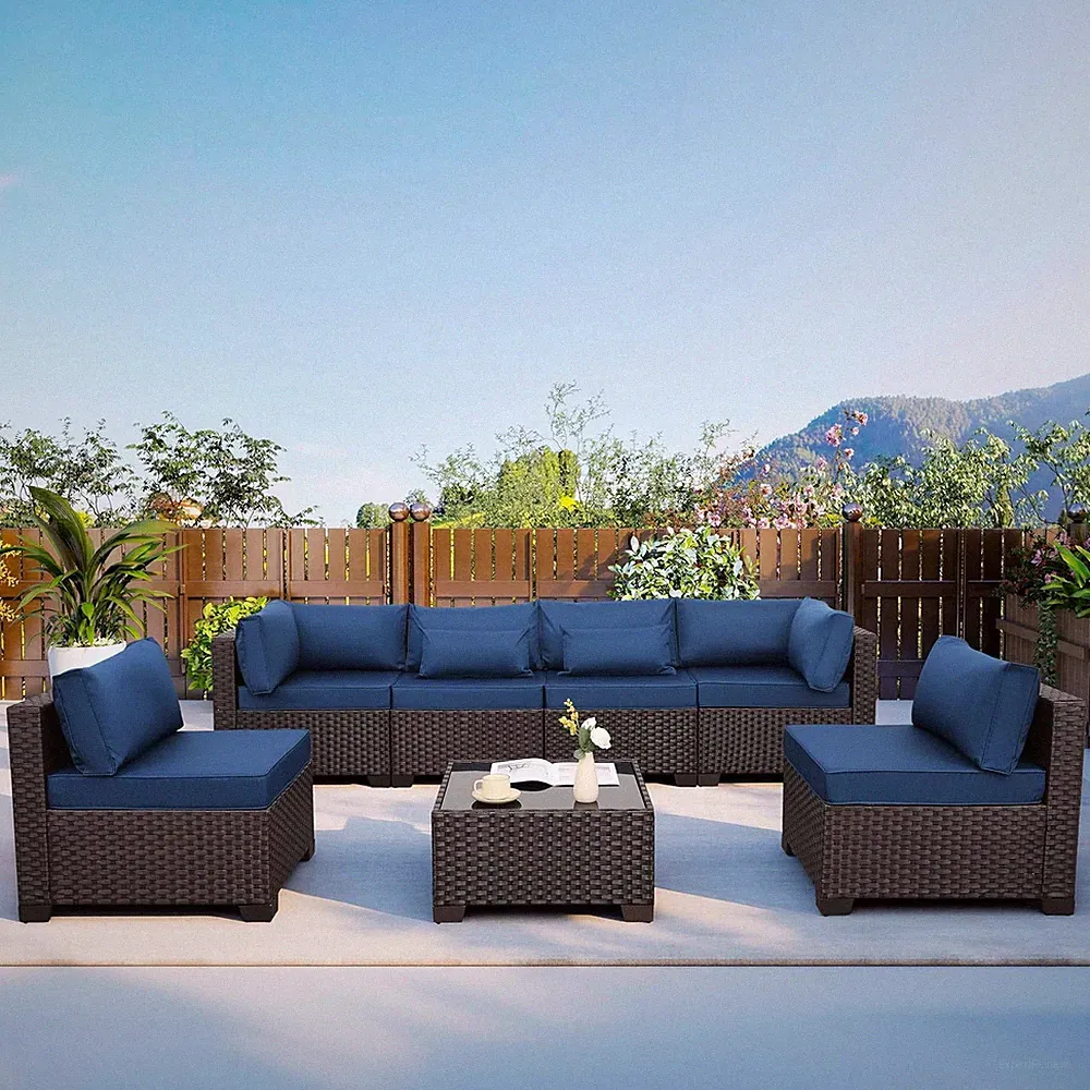WAROOM Outdoor Patio Furniture Set 7 Pieces Wicker Sectional Sofa Brown Rattan C