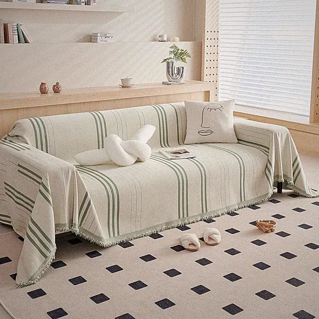 Washable Chenille Couch Cover for Pet & Kids, 71"x102", Beige Green Stripe