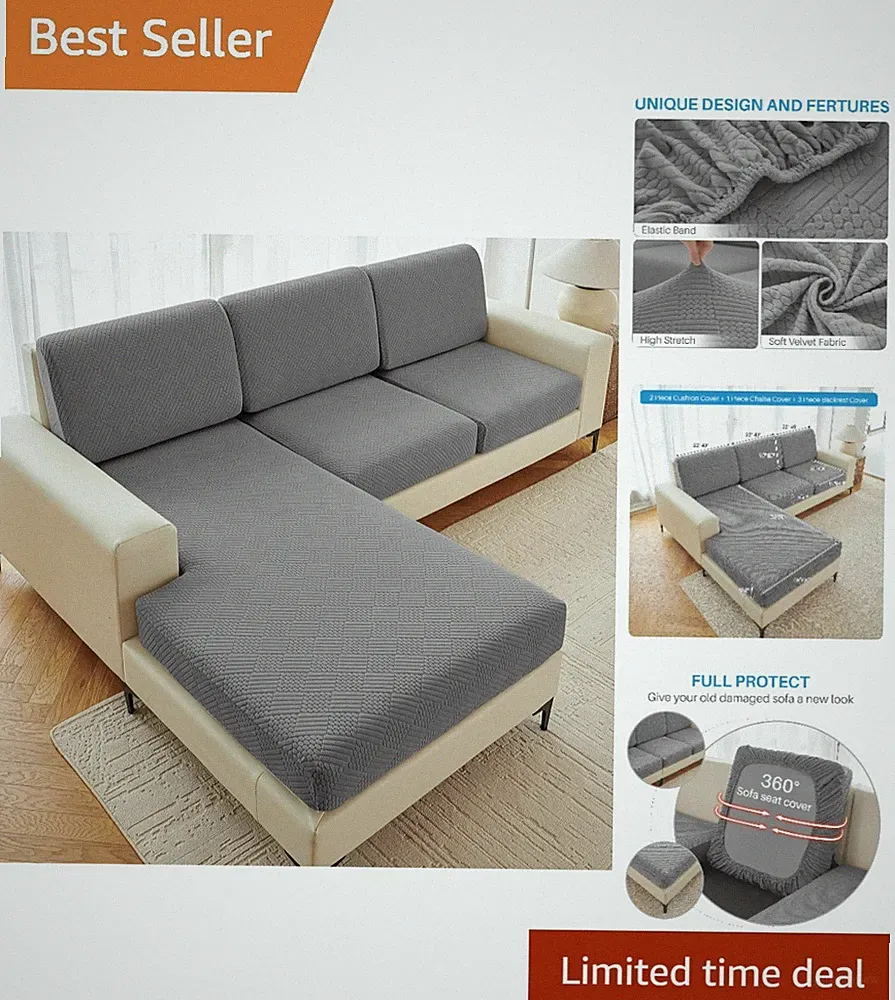 Washable Dark Grey 6-Piece Couch Cover Set for L-Shaped Sofas - Soft & Stretch