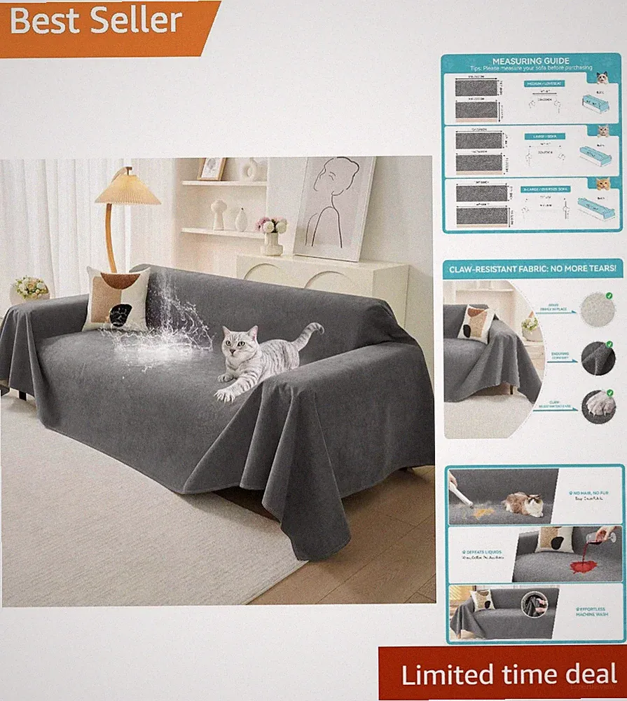 Washable Dark Grey Sofa Protector - Scratch-Resistant, Anti-Slip Design 71"x118"