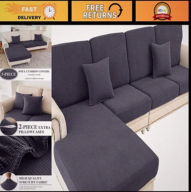 Washable L Shape Couch Cushion Covers for Sectional Sofa, Stretch Slipcovers + 2