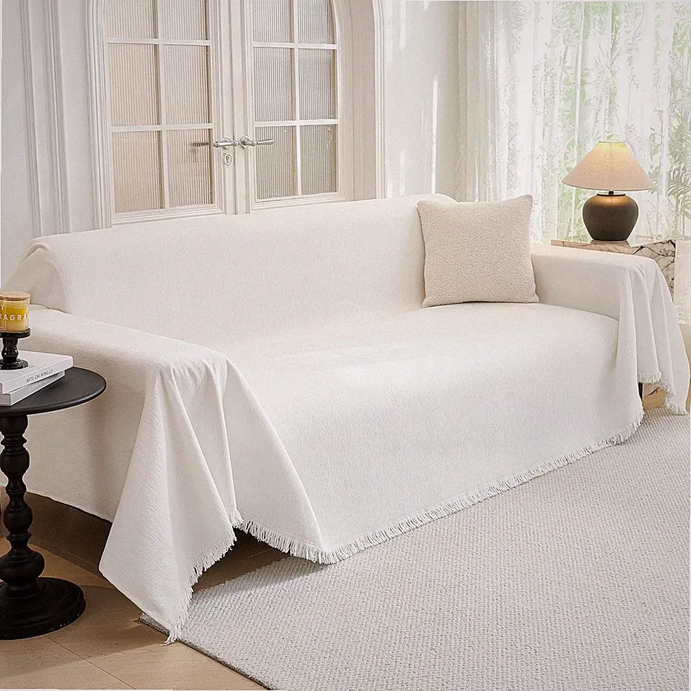 Washable L-Shaped Sofa Cover with Tassels, Non-Slip, 71"x118", White