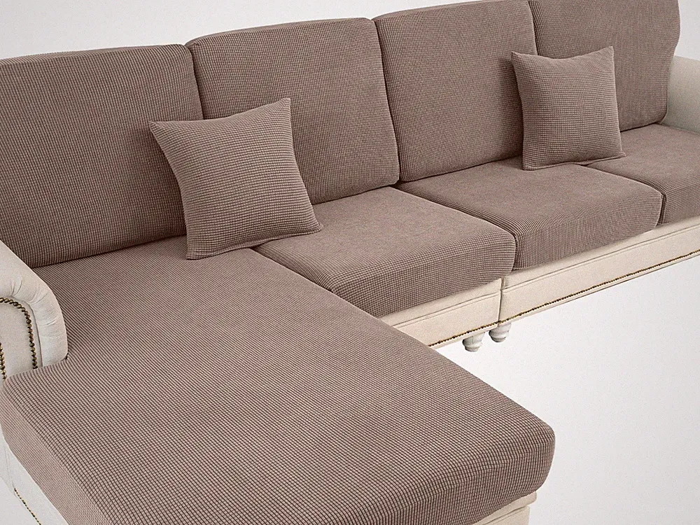 Washable L-Shaped Sofa Covers with 2 Pillowcases - Khaki 3 Seater + Chaise