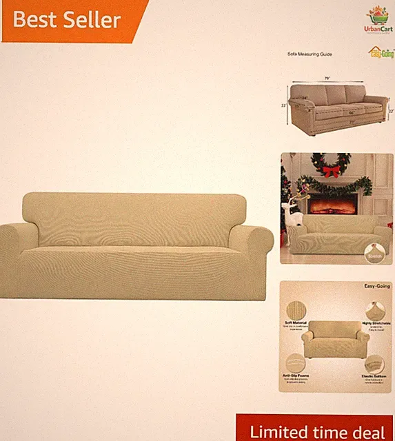 Washable Large Beige Sofa Cover - Soft Stretch Fabric for Protection