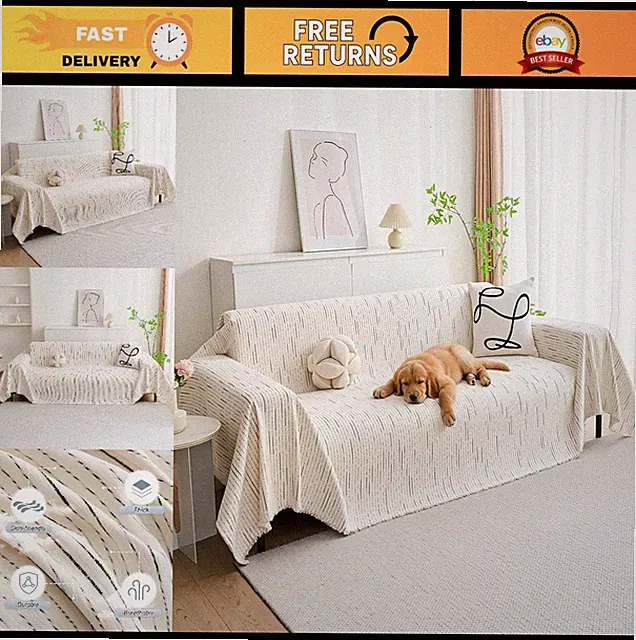 Washable Sectional Couch Cover for Dogs - Soft Chenille Protector, 91"x150", Bei