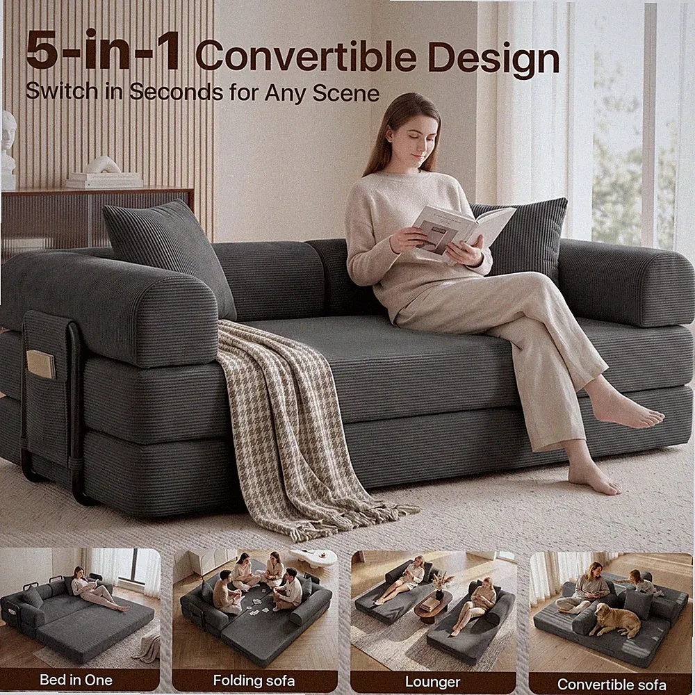Washable Sofa Bed Couch Sleeper Convertible Fold-Out Bed Couch With Side Pockets