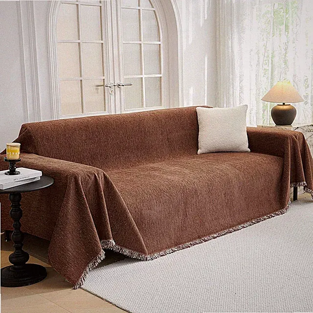 Washable Sofa Cover for 3-Cushion Couch, Pet-Friendly with Tassels, Chocolate