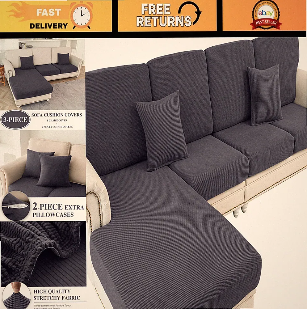 Washable Stretch Couch Cushion Covers for Sectional Sofa L Shape - Dark Grey, 2