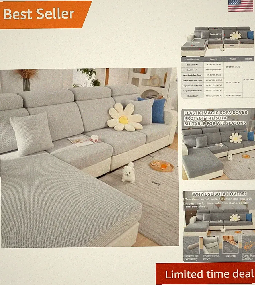 Washable Stretch Slipcover for Sectional Sofa - Large Light Gray Pet Protection