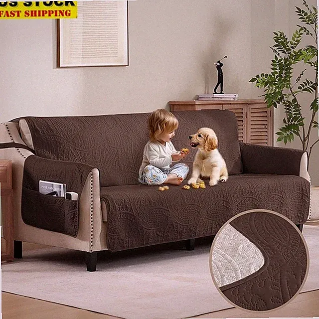 Water Repellent Anti-Slip Large Sofa Cover Quilted Protector W/ Storage Pockets