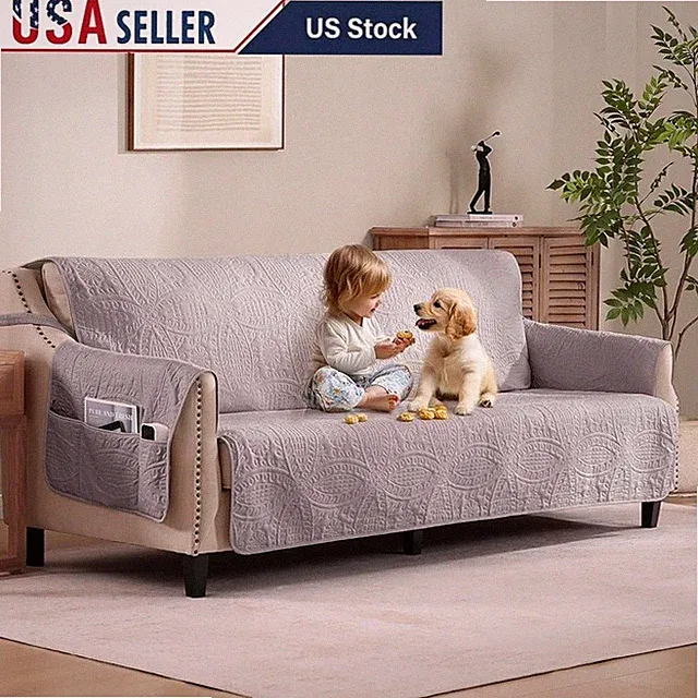 Water Repellent Non Slip Sofa Cover Microfiber Protector W/ Storage Pockets New