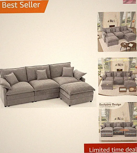 Water-Resistant 108" U-Shaped Sofa - Family-Friendly Chenille Couch with Ottoman