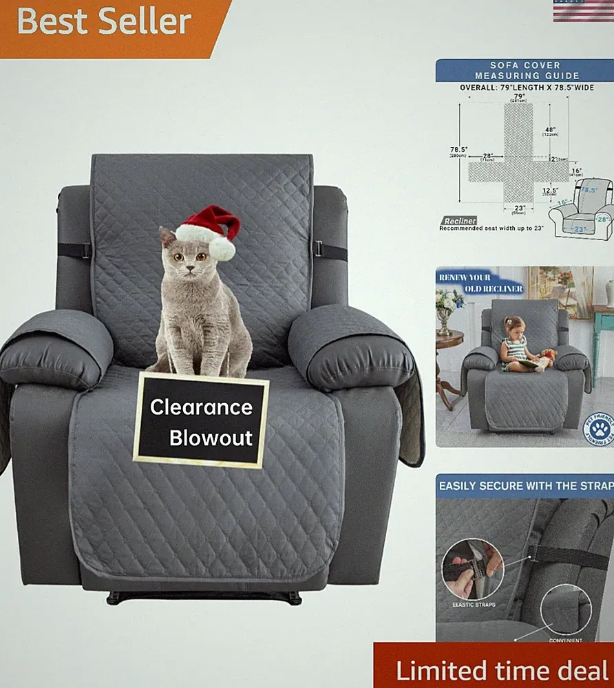 Water Resistant Quilted Recliner Cover for Kids & Pets - Dark Gray 1-Seater