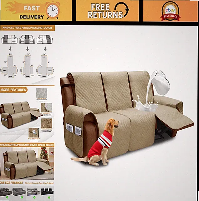 Water Resistant Recliner Cover, 3-Seat Sofa Protector with Pockets, Quilted Dog