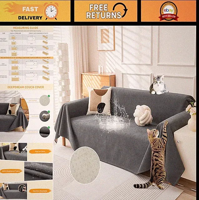 Waterproof 3-Seat Couch Cover, Cat-Scratch Resistant, Pet-Friendly, Anti-Slip, W