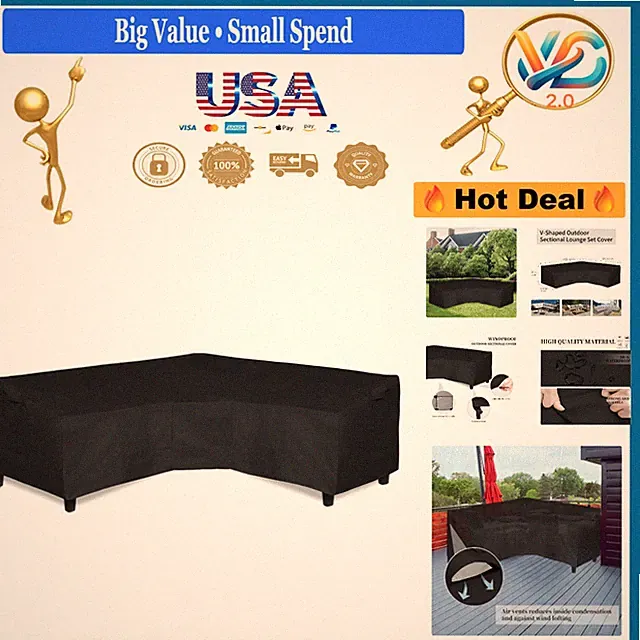 Waterproof 89x89 V-Shaped Patio Sectional Sofa Cover Black Heavy Duty