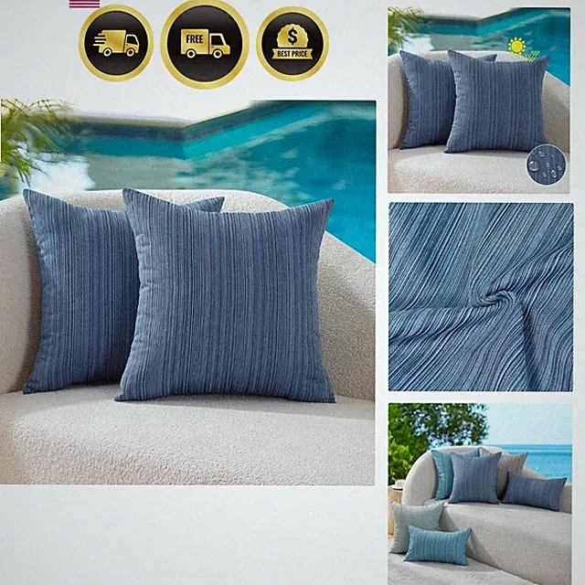 Waterproof Blue Stripe Outdoor Throw Pillow Covers 18x18 Set of 2
