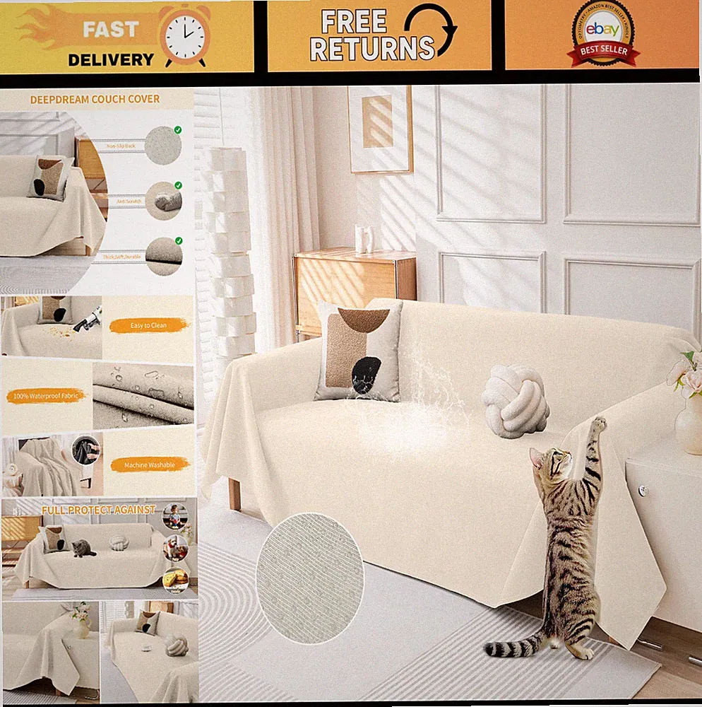 Waterproof Cat-Scratch Resistant Couch Cover, Washable Pet-Friendly Sofa Protect